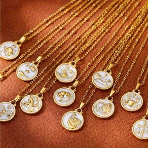 NWT 18k gold plated stainless steel 2 sided mother of pearl zodiac necklace 18”